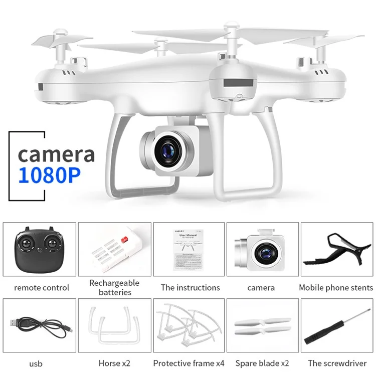 8S RC Drone 1080P Camera Fixed Altitude 4-Axis Aircraft Remote Control ABS Quadcopter with 1 Battery - White