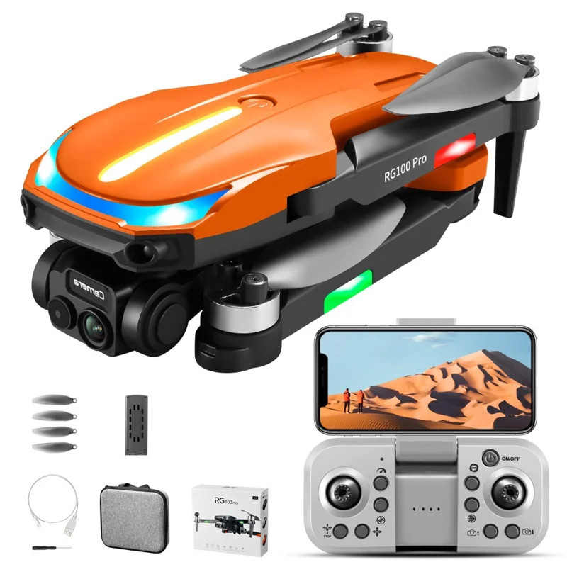 RG100 Pro RC Drone Dual Lens Three-sided Obstacle Avoidance Quadcopter Remote Control Aircraft, 1 Battery - Orange