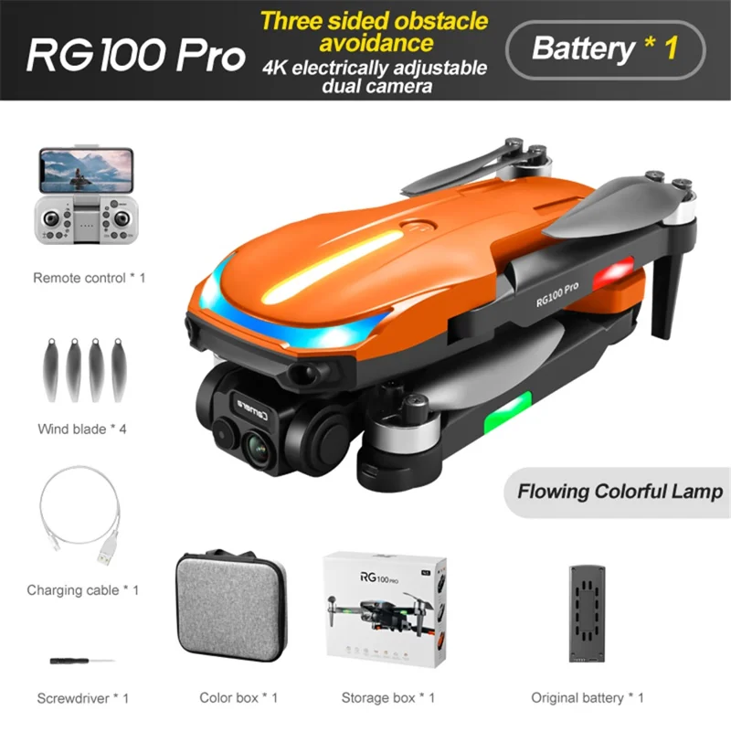 RG100 Pro RC Drone Dual Lens Three-sided Obstacle Avoidance Quadcopter Remote Control Aircraft, 1 Battery - Orange