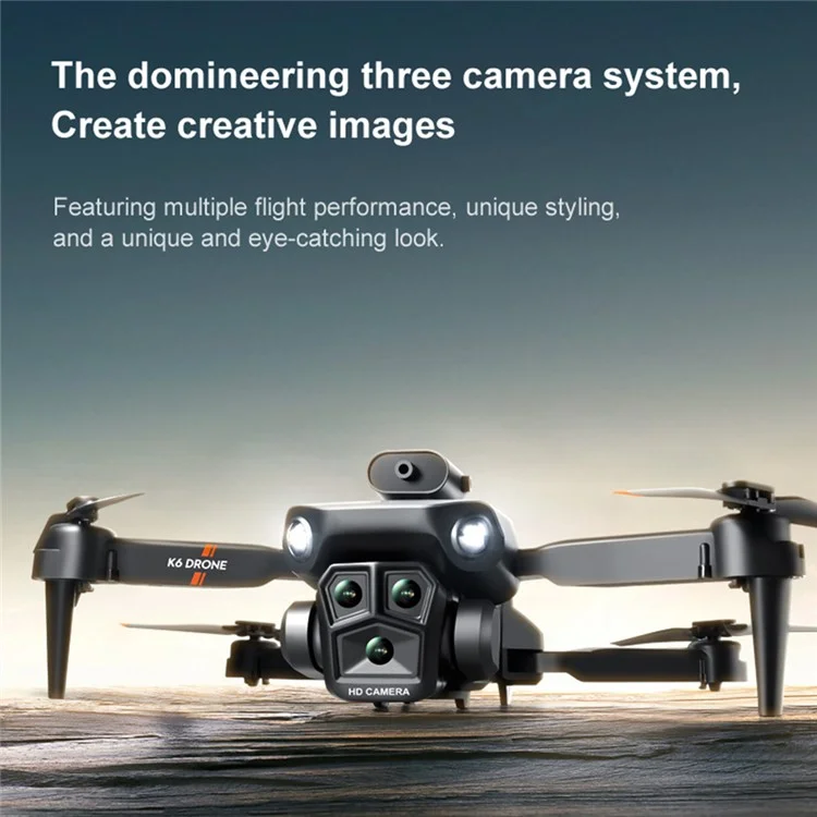 K6 Max RC Drone 480P Drei-Linsen-Optische-Fluss-Positionierung Hindernisschutz Fernbedienung ABS Quadcopter, 2 Batterien - Schwarz