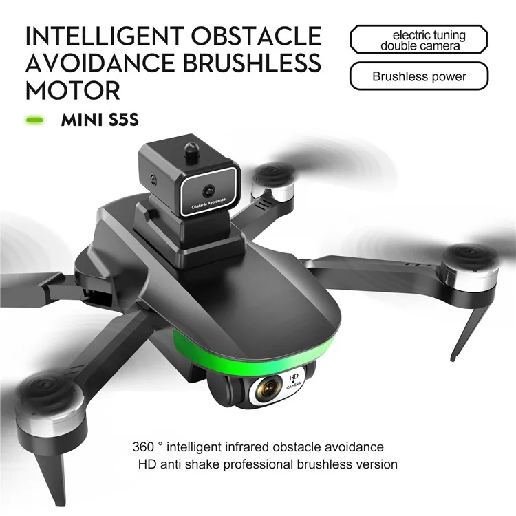 LSRC S5S Mini Drone 4K (480P) Dual HD Camera Obstacle Avoidance Brushless Folding Quadcopter RC Plane - Black