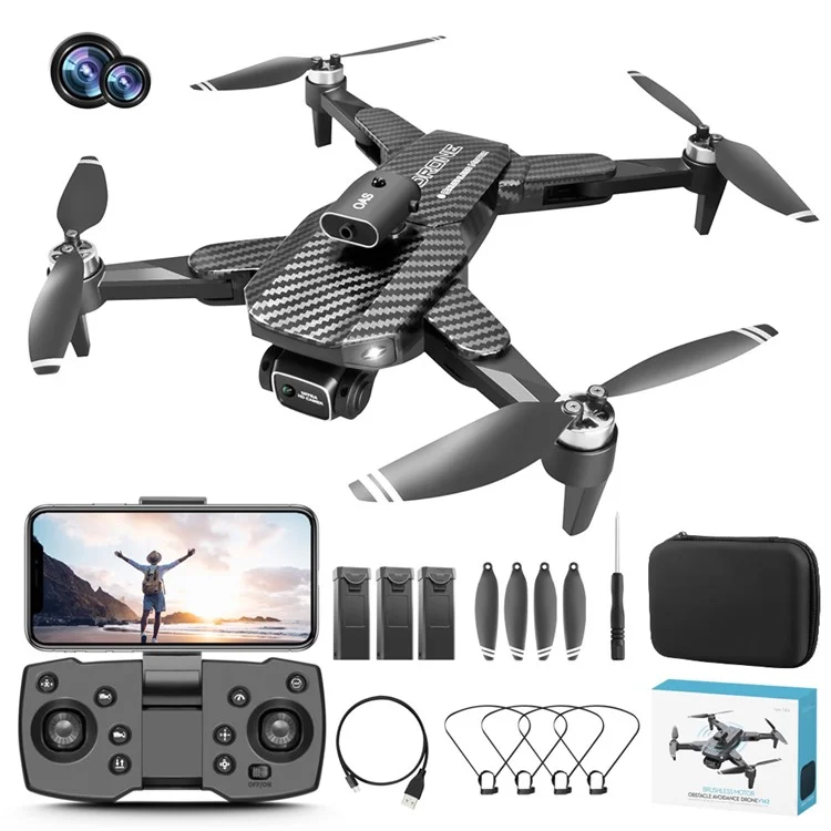V162 Obstacle Avoidance RC Drone 480P Aerial Photo Brushless Aircraft Optical Flow Position Folding Airplane, 3 Batteries - Carbon Fiber