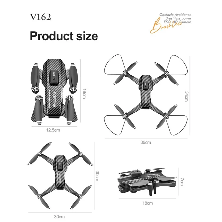 V162 Obstacle Avoidance RC Drone 480P Aerial Photo Brushless Aircraft Optical Flow Position Folding Airplane, 3 Batteries - Carbon Fiber