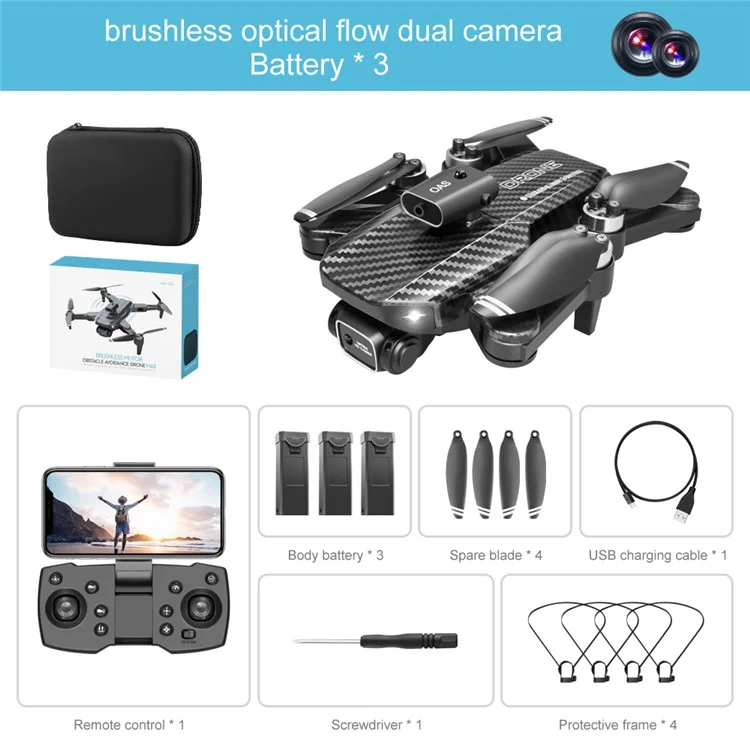 V162 Obstacle Avoidance RC Drone 480P Aerial Photo Brushless Aircraft Optical Flow Position Folding Airplane, 3 Batteries - Carbon Fiber