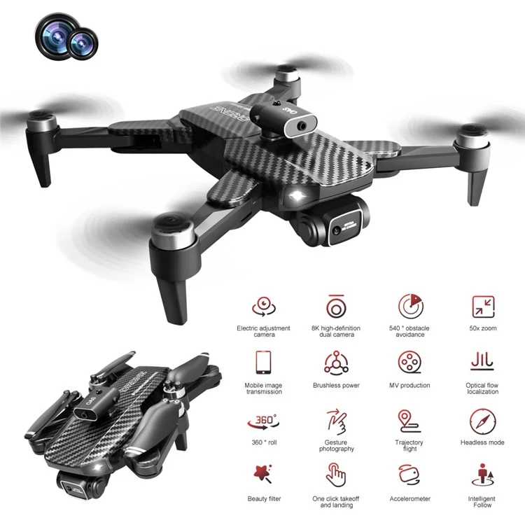 V162 Obstacle Avoidance RC Drone 480P Aerial Photo Brushless Aircraft Optical Flow Position Folding Airplane, 3 Batteries - Carbon Fiber