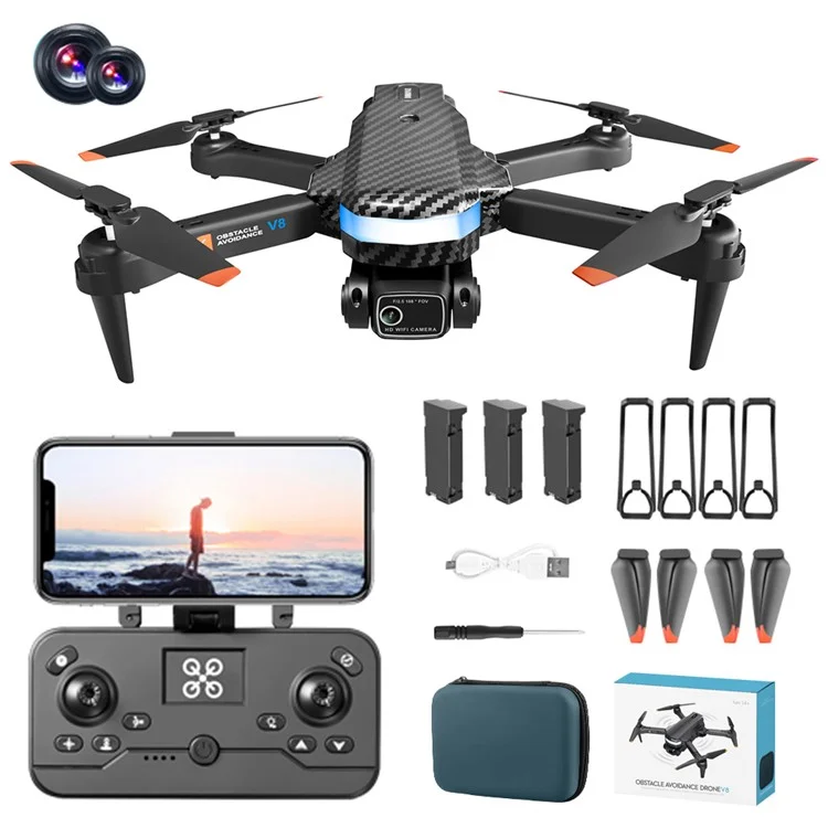 Avião de Controle Remoto V8 Drone 480P Dual Lens 4-Axis Gimbal Quadcopter Obstacle Avoidance, Optical Flow Positioning, 3 Baterias - Textura de Fibra de Carbono