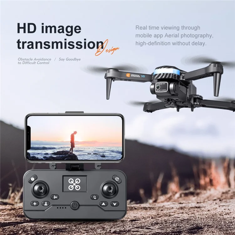 Avião de Controle Remoto V8 Drone 480P Dual Lens 4-Axis Gimbal Quadcopter Obstacle Avoidance, Optical Flow Positioning, 3 Baterias - Textura de Fibra de Carbono