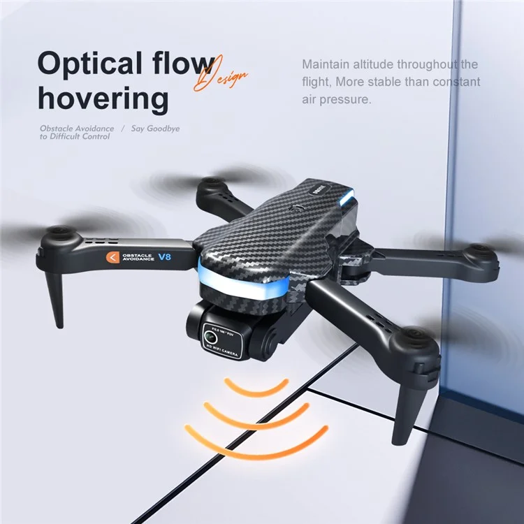 Avião de Controle Remoto V8 Drone 480P Dual Lens 4-Axis Gimbal Quadcopter Obstacle Avoidance, Optical Flow Positioning, 3 Baterias - Textura de Fibra de Carbono