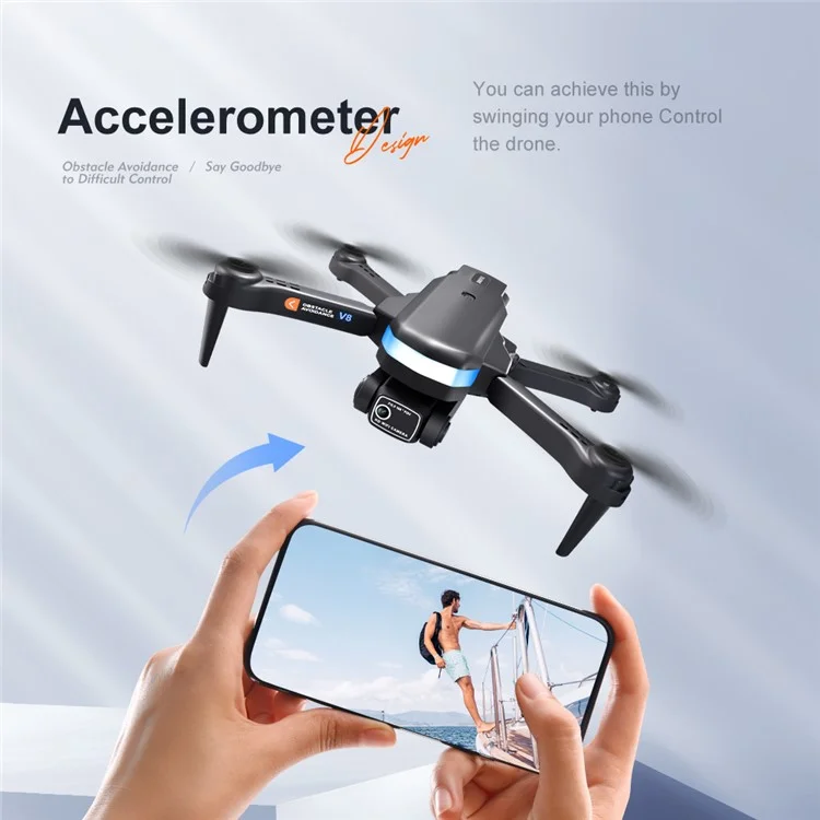 Avião de Controle Remoto V8 Drone 480P Dual Lens 4-Axis Gimbal Quadcopter Obstacle Avoidance, Optical Flow Positioning, 3 Baterias - Textura de Fibra de Carbono