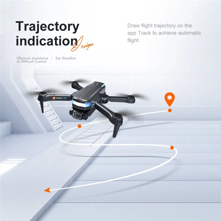 Avião de Controle Remoto V8 Drone 480P Dual Lens 4-Axis Gimbal Quadcopter Obstacle Avoidance, Optical Flow Positioning, 3 Baterias - Textura de Fibra de Carbono