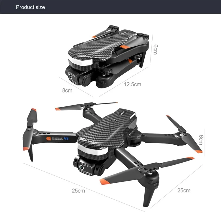 Avião de Controle Remoto V8 Drone 480P Dual Lens 4-Axis Gimbal Quadcopter Obstacle Avoidance, Optical Flow Positioning, 3 Baterias - Textura de Fibra de Carbono