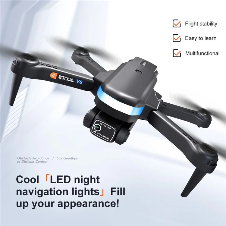 Avião de Controle Remoto V8 Drone 480P Dual Lens 4-Axis Gimbal Quadcopter Obstacle Avoidance, Optical Flow Positioning, 3 Baterias - Textura de Fibra de Carbono