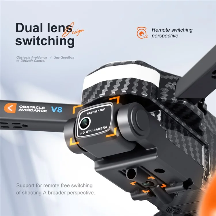 Avião de Controle Remoto V8 Drone 480P Dual Lens 4-Axis Gimbal Quadcopter Obstacle Avoidance, Optical Flow Positioning, 3 Baterias - Textura de Fibra de Carbono