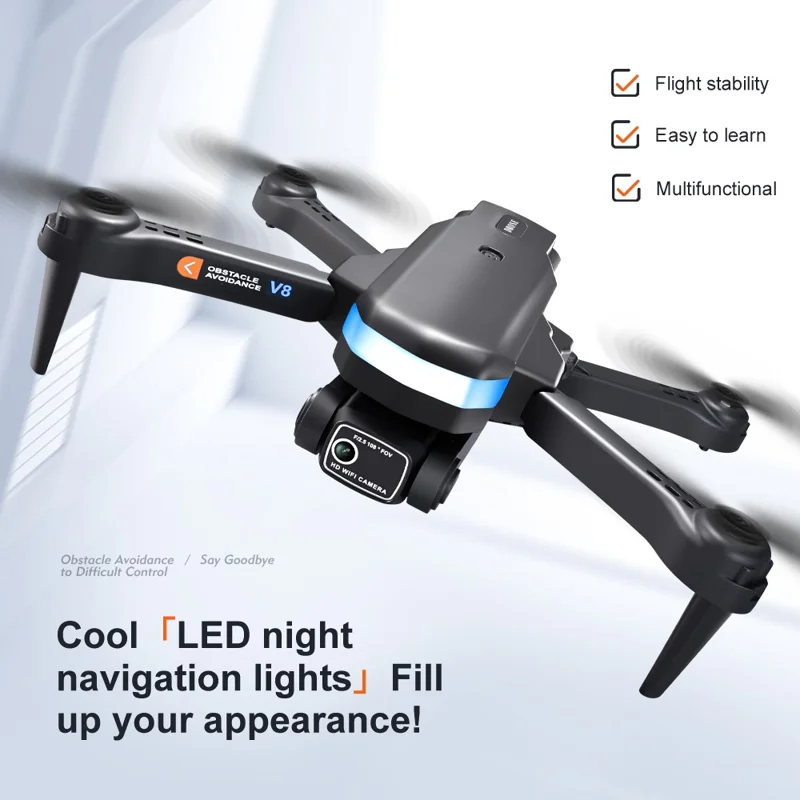 V8 Drone Control remoto Avión 480P Lentes duales 4-Eje Gimbal Quadcopter Evitar obstáculos, Posicionamiento de flujo óptico, 3 Baterías - Negro