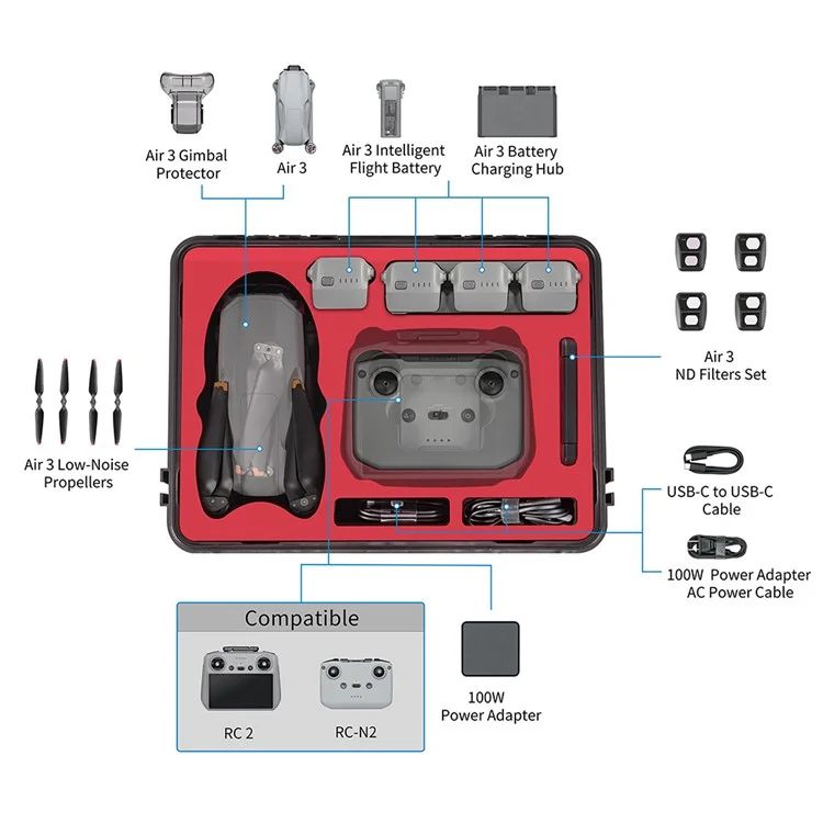 STARTRC 1125191 For DJI Air 3 and RC 2 / RC-N2 Remote Control Waterproof Anti-shock PP Storage Box Drone Carrying Case