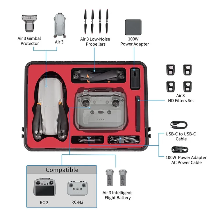 STARTRC 1125207 For DJI Air 3 and RC 2 / RC-N2 Remote Control Shockproof PP Storage Box Waterproof Drone Carrying Case