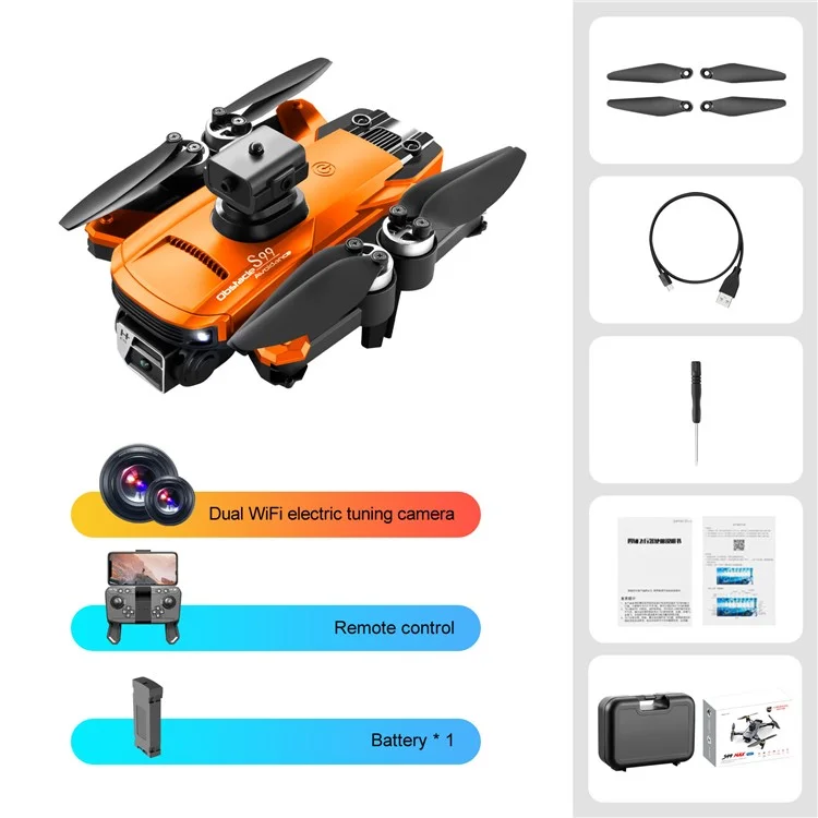 S99 MAX 8K Plegable Flujo óptico Drone RC sin escobillas Evasión de obstáculos de 4 vías 480P Cámara Cuadricóptero Aeronaves con 1 Batería - Naranja 