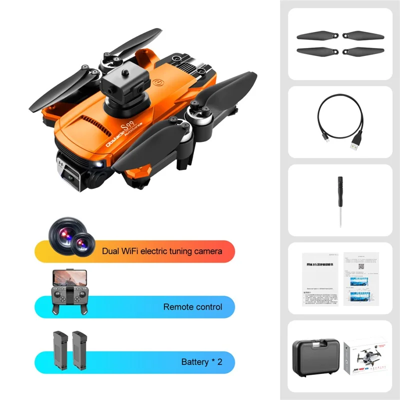 S99 Max Mini Drone Dobrável Drone 4-Way Evitar 480p 8k Posicionamento de Fluxo Óptico RC Quadcopter Com 2 Baterias - Laranja