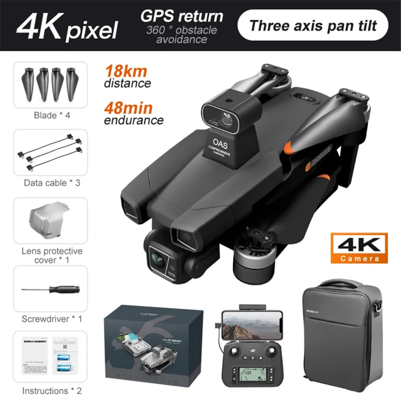 AE86 Pro Max 4K 5G RC Drone Single Lens (Shooting+Optical Flow Positioning) GPS 3-axis Gimbal Obstacle Avoidance Aircraft, 3 Batteries - Black