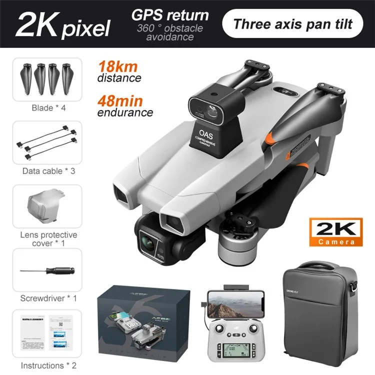 AE86 Pro Max Lente Dupla 2K 5G Transmissão de Imagem Digital GPS Dobrável Aeronaves de 3 Eixos Evitar Obstáculos RC Drone, 2 Baterias - Cinza