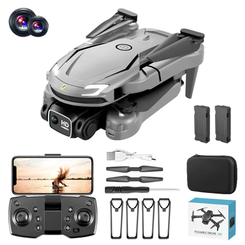 V88 Dual Camera Drone Altitude Hold Headless Mode Foldable RC Quadcopter, Dual Batteries - Grey