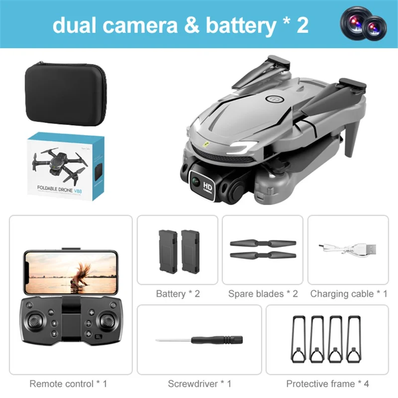 V88 Dual Camera Drone Altitude Hold Headless Mode Foldable RC Quadcopter, Dual Batteries - Grey