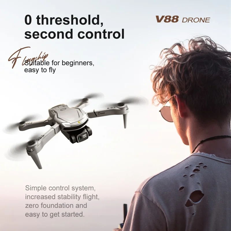 V88 Dual Camera Drone Altitude Hold Headless Mode Foldable RC Quadcopter, Dual Batteries - Grey