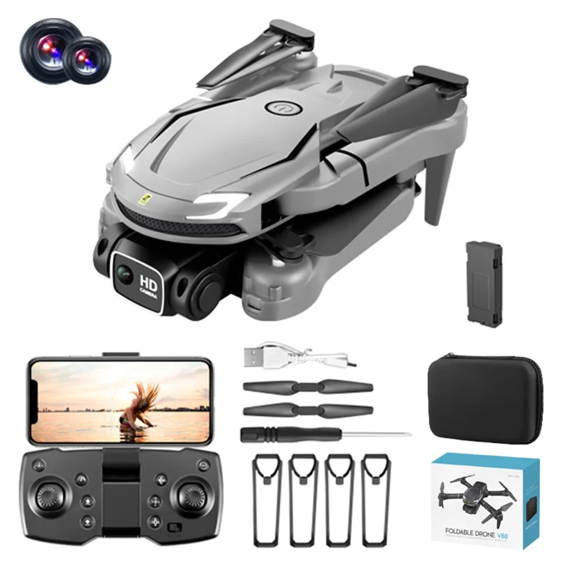 V88 HD Dual Camera Aerial Photo RC Drone 2.4GHz Folding 4CH Aircraft with Headless Mode, Single Battery - Grey