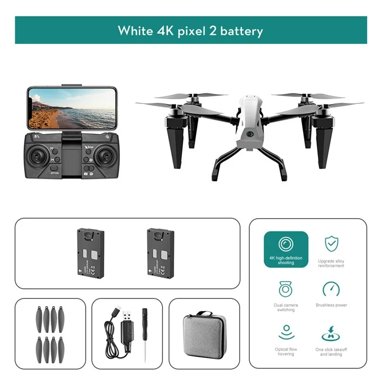 Drone de Fotografia Aérea de Liga KS66 Brushless 4K HD Camera, Controle Remoto Óptico de Fluxo Quadricóptero, Bateria Dupla - Branco
