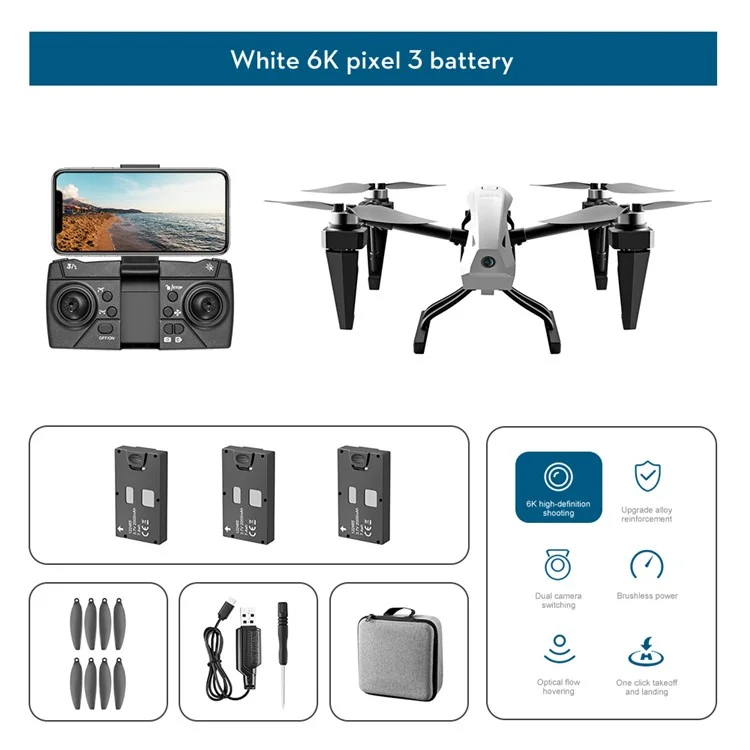KS66 6K HD Drone Aéreo de Fotografia Dual Lens em Liga, RC Brushless Optical Flow Positioning Quadcopter, Três Baterias - Branco