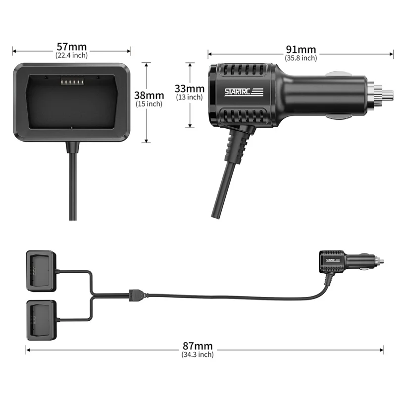 STARTRC 1124026 2-in-1 Battery Car Charger for DJI Mini 3 / 3 Pro Batteries and Remote Controller Charger Hub