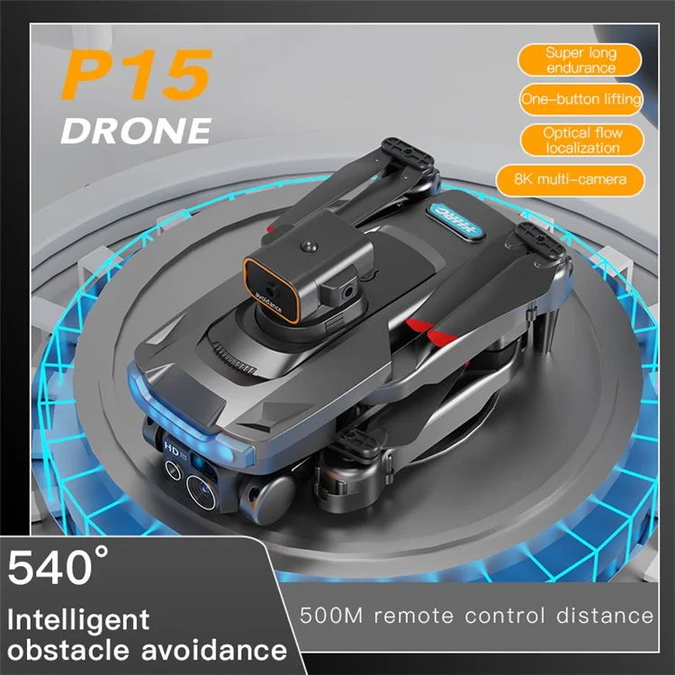 P15 RC Drone Obstacle Avoidance Remote Control Quadcopter (Positionnement optique + Retour automatique GPS + 4 objectifs ESC + Moteur sans balais + 2 batteries) - Noir