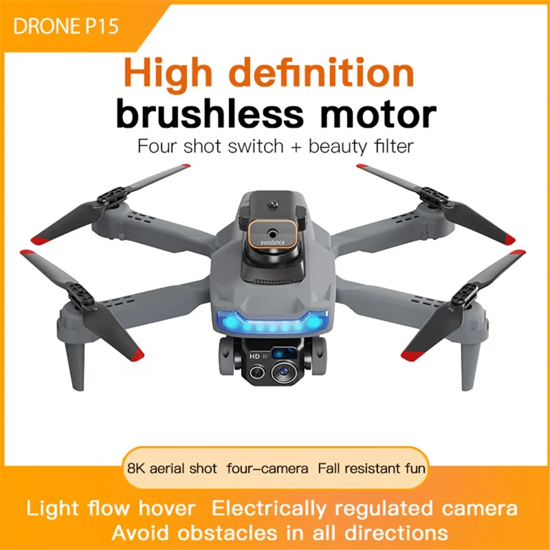 P15 HD FPV Drone Obstacle Avoidance RC Quadcopter (Optical Flow Positioning + GPS Automatic Return + ESC 4 Lens + Brushless Motor + 1 Battery) - Grey