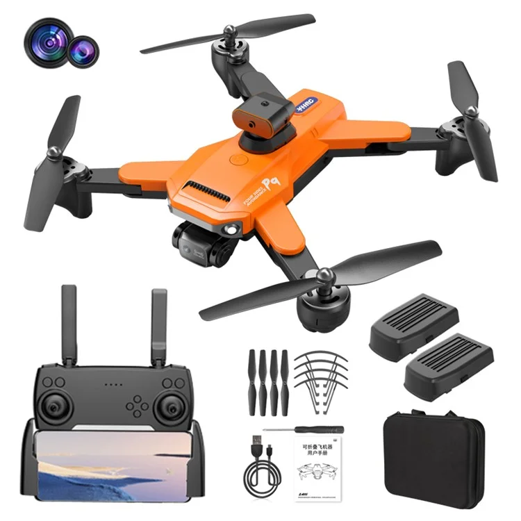 P9 ESC Dual Lens HD RC Drone Smart Obstacle-avoidance Folding Quadcopter with Storage Bag + 2 Batteries - Orange