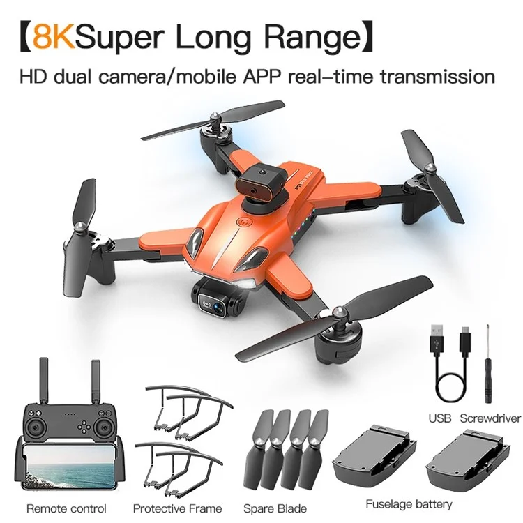 P11 HD Aerial Photography RC Drone Obstacle Avoidance Folding Drone (Optical Flow Positioning + ESC 2 Lens + Storage Bag + 2 Batteries) - Orange