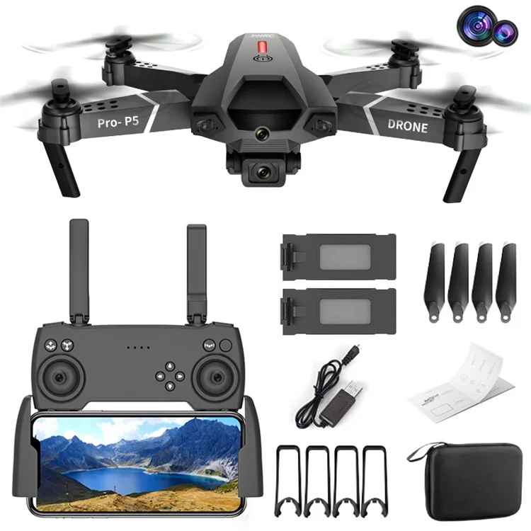 P5 HD Cámara Dual Plegable Drone Infrarroured Evitación de Obstáculos Quadcopter RC Helicóptero, Con 2 Baterías - Negro