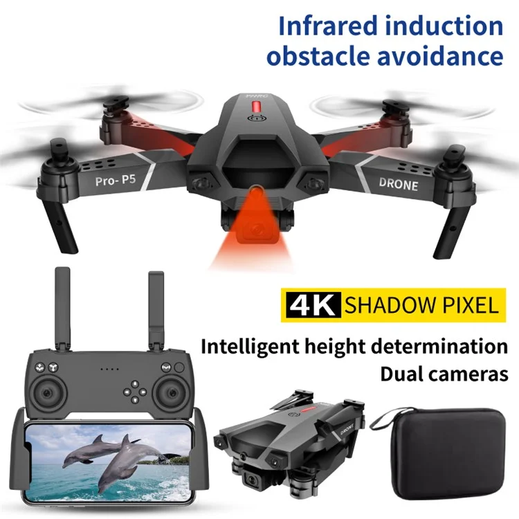 P5 HD Cámara Dual Plegable Drone Infrarroured Evitación de Obstáculos Quadcopter RC Helicóptero, Con 2 Baterías - Negro