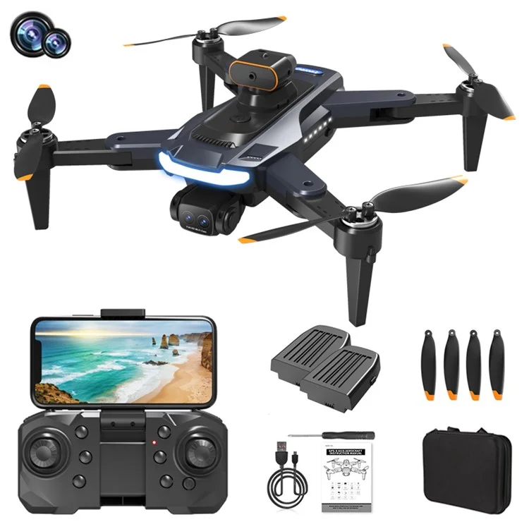 P17 (Pro) Drone de Retorno com Tecla Única HD Câmera Dupla RC Quadcopter (Motor Brushless+GPS Retorno Automático+5 Vias de Desvio de Obstáculos), com 2 Baterias - Preto