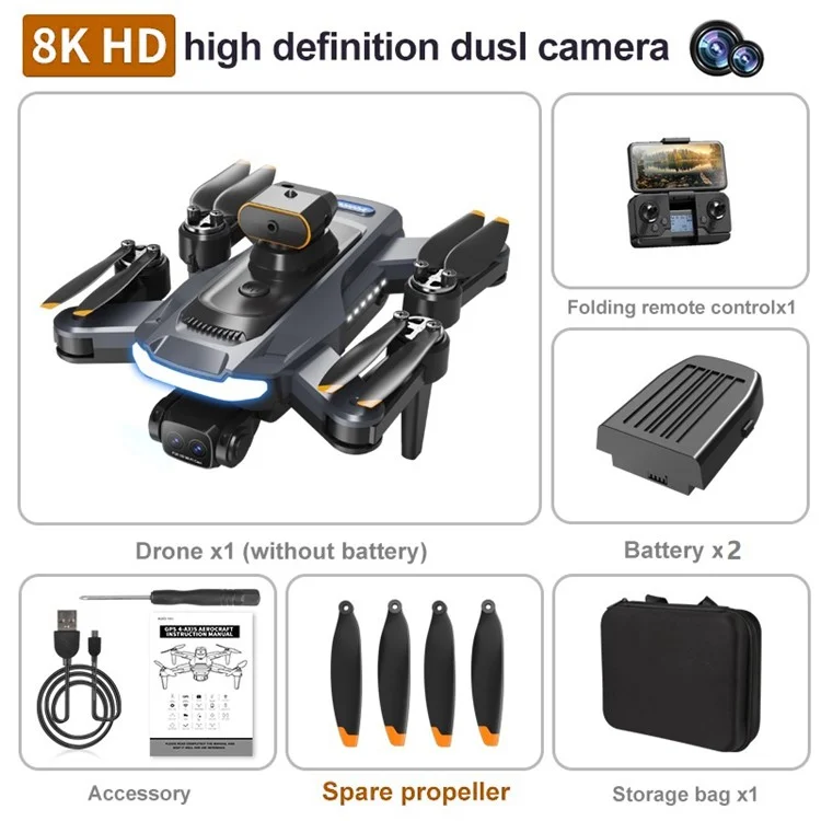P17 (Pro) Drone de Retorno com Tecla Única HD Câmera Dupla RC Quadcopter (Motor Brushless+GPS Retorno Automático+5 Vias de Desvio de Obstáculos), com 2 Baterias - Preto