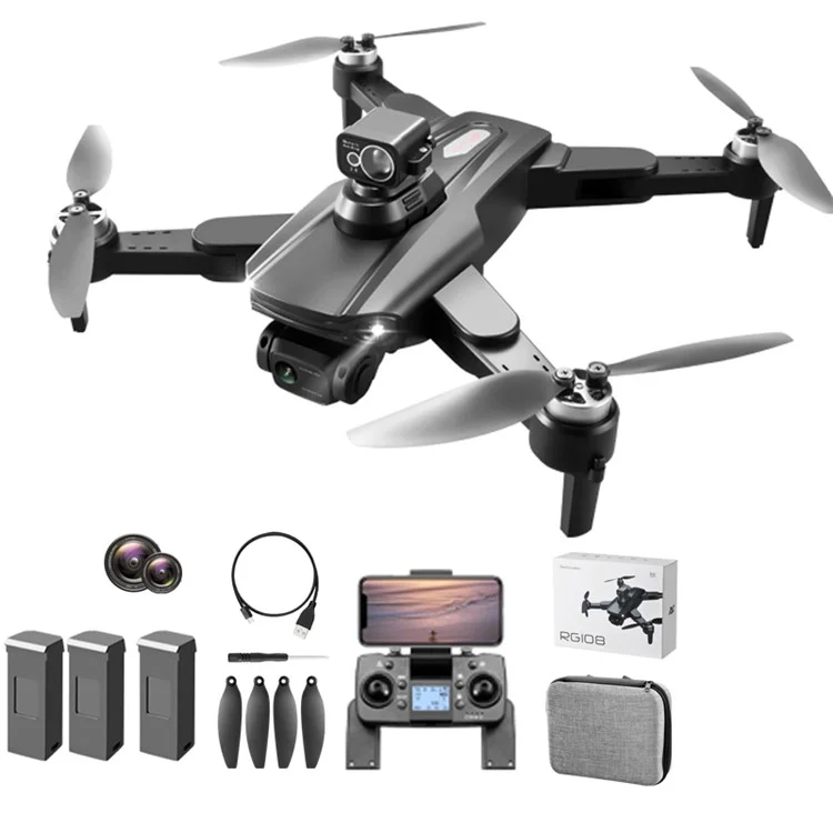 PJC RG108 HD Dual Camera Drone GPS+360 Degree Laser Obstacle Avoidance Brushless Quadcopter, 3 Batteries - Black