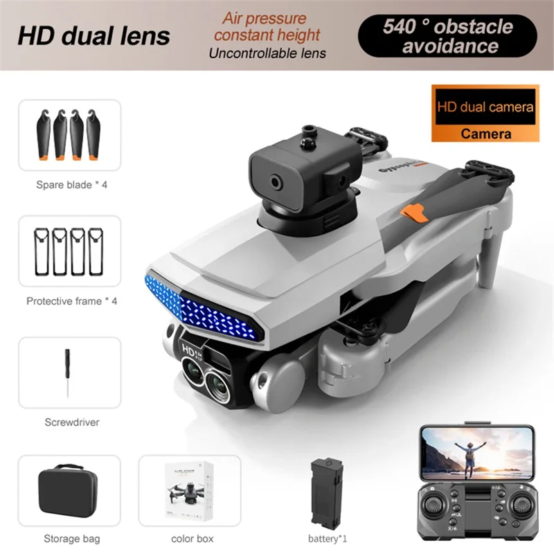 DLRC D6 AIR Drone Pieghevole con Rilevamento di Ostacoli a 5 Vie, Doppia Fotocamera RC Quadcopter (Posizionamento a Flusso Ottico+ESC+1 Batteria) - Grigio