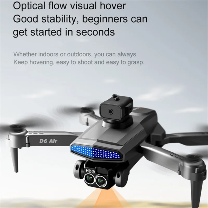 DLRC D6 AIR Drone Pieghevole con Rilevamento di Ostacoli a 5 Vie, Doppia Fotocamera RC Quadcopter (Posizionamento a Flusso Ottico+ESC+1 Batteria) - Grigio
