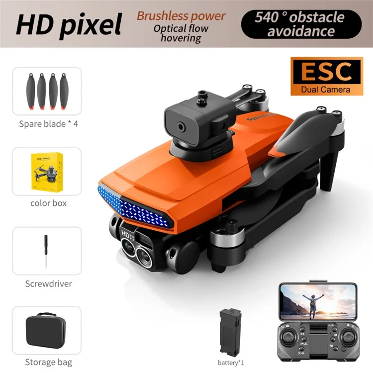 DLRC D6 PRO Бесколлекторный RC квадрокоптер с 5-сторонним избеганием препятствий, двойной камерой дрон (Оптический поток Позиционирование+ESC+1 Батарея) - Оранжевый