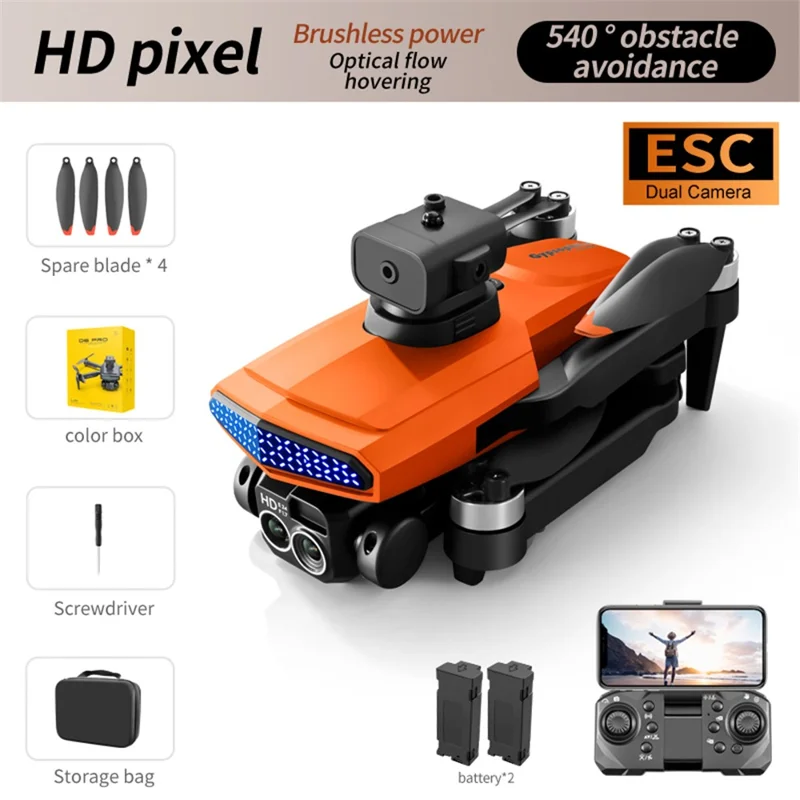DLRC D6 PRO Brushless Motor RC Drone Dual Camera 5-way Obstacle Avoidance Foldable Quadcopter (Optical Flow Positioning+ESC+2 Baterías) - Naranja