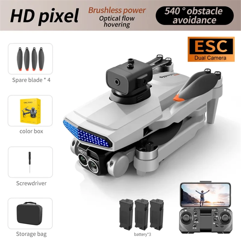 DLRC D6 PRO Dual Camera Brushless Motor Aerial Drone 5-way Obstacle Avoidance RC Quadcopter (Optical Flow Positioning+ESC+3 Baterias) - Cinza
