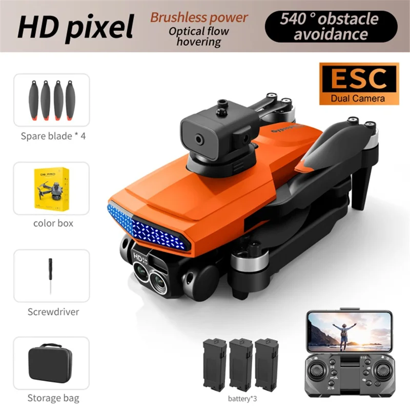 DLRC D6 PRO Dual Camera Brushless Motor Aerial Drone 5-way Obstacle Avoidance RC Quadcopter (Optical Flow Positioning+ESC+3 Batteries) - Orange