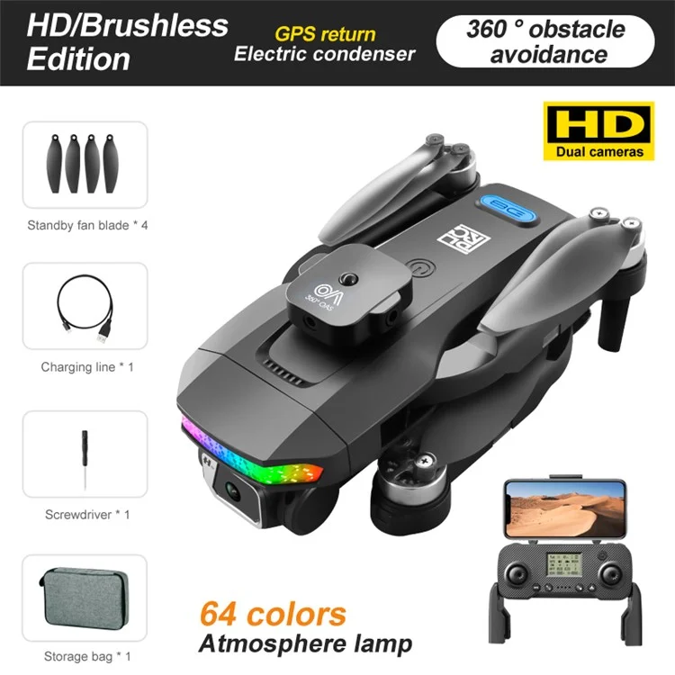 DLRC D8 Pro Brushless GPS Drone Esc Câmera Dual RC Quadcopter (evitação de Obstáculos de 360 ​​graus+tela LCD Rc+lâmpada Led+1 Bateria) - Preto