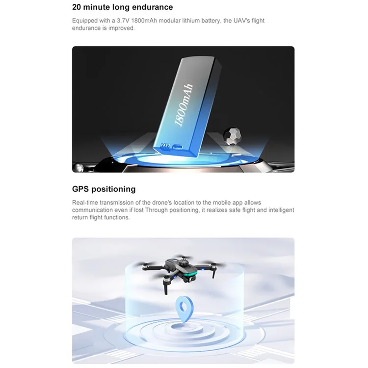 DLRC D8 PRO Dual Camera GPS Drohne ESC Bürstenlose RC-Quadcopter-Flugzeuge (360-Grad-Hinderniserkennung+RC-LCD-Bildschirm+LED-Lampe+2 Batterien) - Schwarz