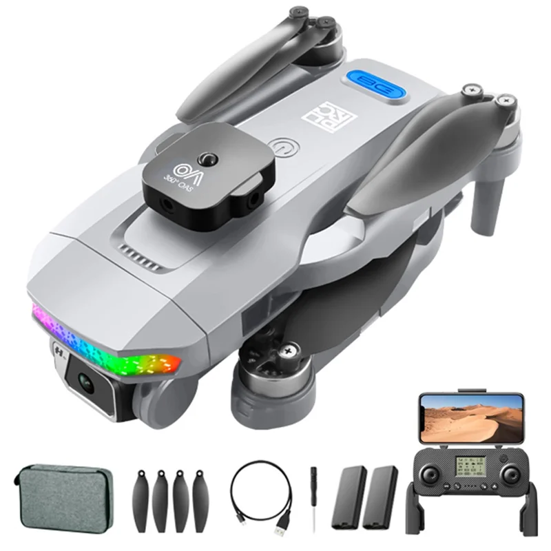 DLRC D8 PRO Двойная камера GPS-дрон ESC Brushless RC Quadcopter Aircraft (360-градусная система предотвращения столкновений+пульт управления с ЖК-экраном+светодиодная лампа+2 аккумулятора) - серый
