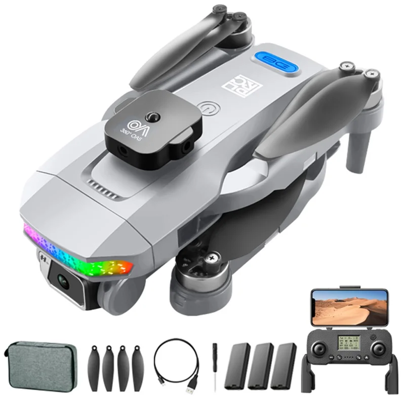 DLRC D8 PRO Drone RC Dobrável com GPS, Câmera Dupla, ESC Brushless, Quadcóptero (Evitação de Obstáculos de 360 Graus + Tela LCD RC + Lâmpada LED + 3 Baterias) - Cinza